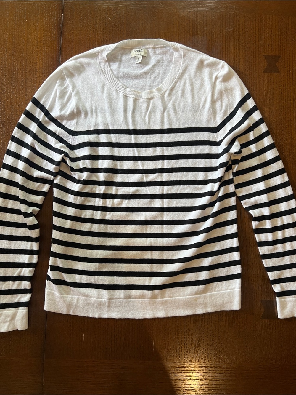 J. Crew Women’s White and Black Striped Crewneck Teddy Sweater